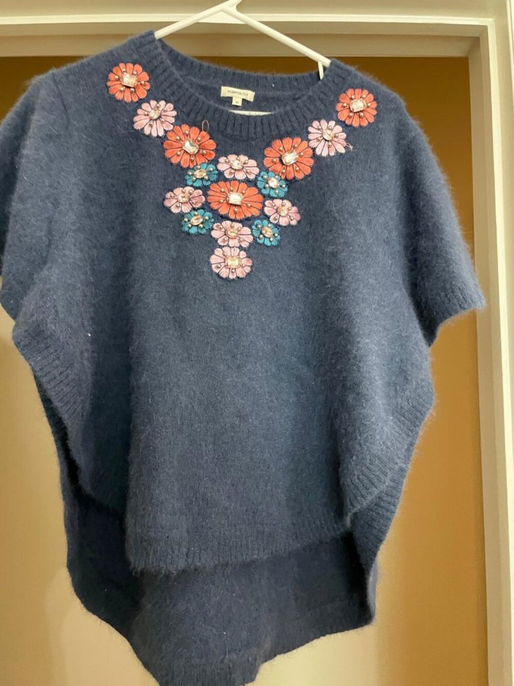 Manoush Navy Angora Jeweled Flower Short Sleeve Top XS